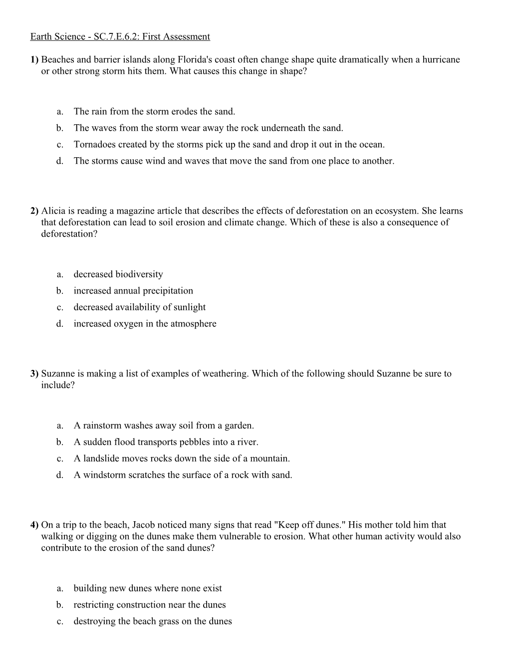 Earth Science - SC.7.E.6.2: First Assessment