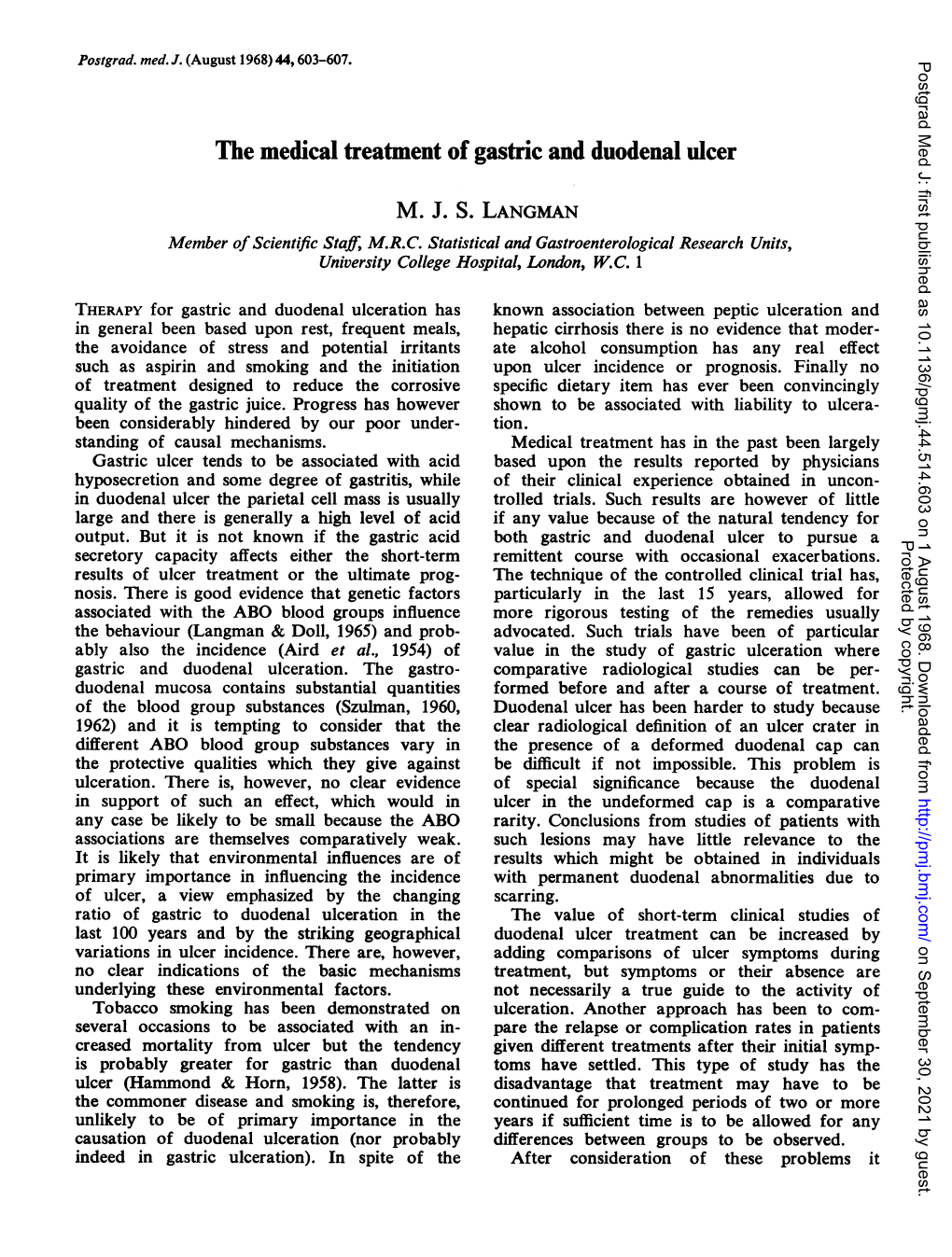 The Medical Treatment of Gastric and Duodenal Ulcer