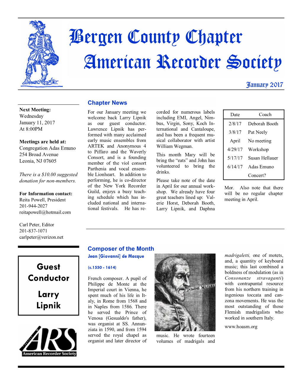 Bergen County Chapter American Recorder Society January 2017