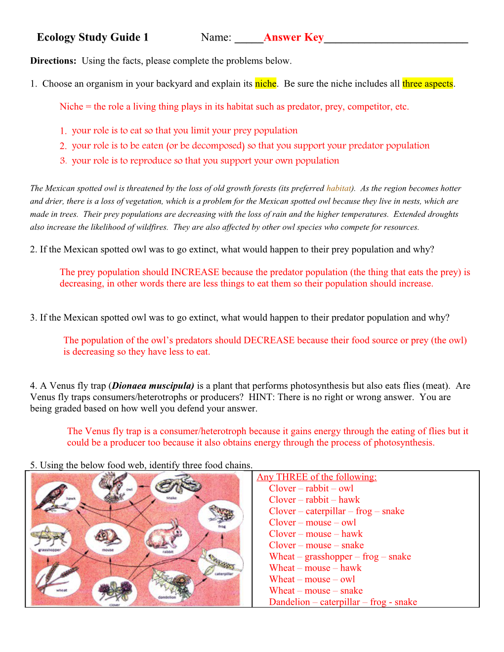 Ecology Facts Worksheet Week 1