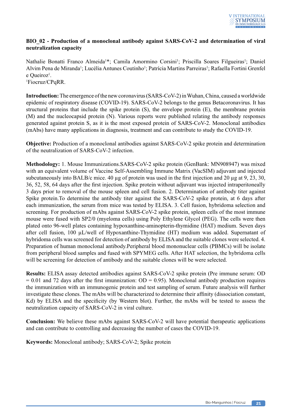 BIO 02 - Production of a Monoclonal Antibody Against SARS-Cov-2 and Determination of Viral Neutralization Capacity