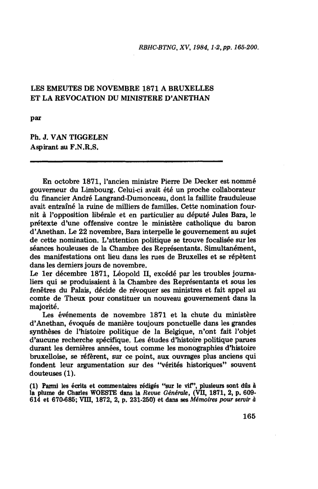 Les Émeutes De Novembre 1871 À Bruxelles Et La Revocation Du Ministère D'anethan