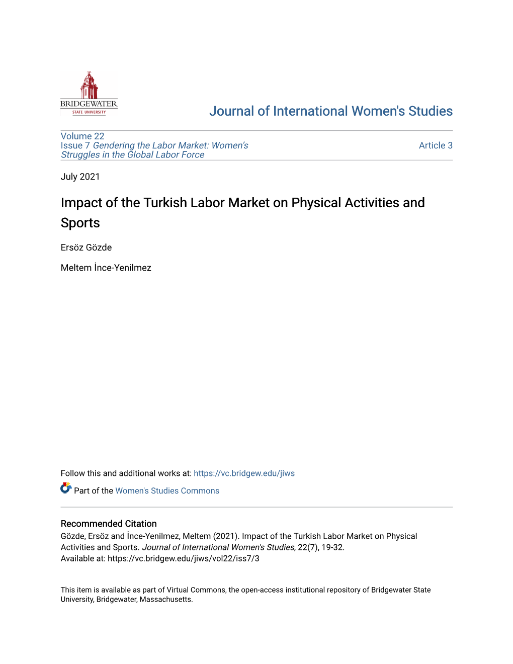 Impact of the Turkish Labor Market on Physical Activities and Sports