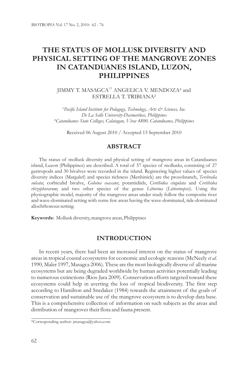 The Status of Mollusk Diversity and Physical Setting of the Mangrove Zones in Catanduanes Island, Luzon, Philippines