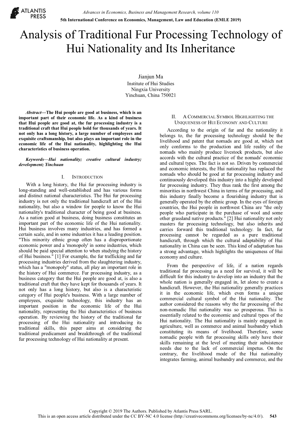 Analysis of Traditional Fur Processing Technology of Hui Nationality and Its Inheritance