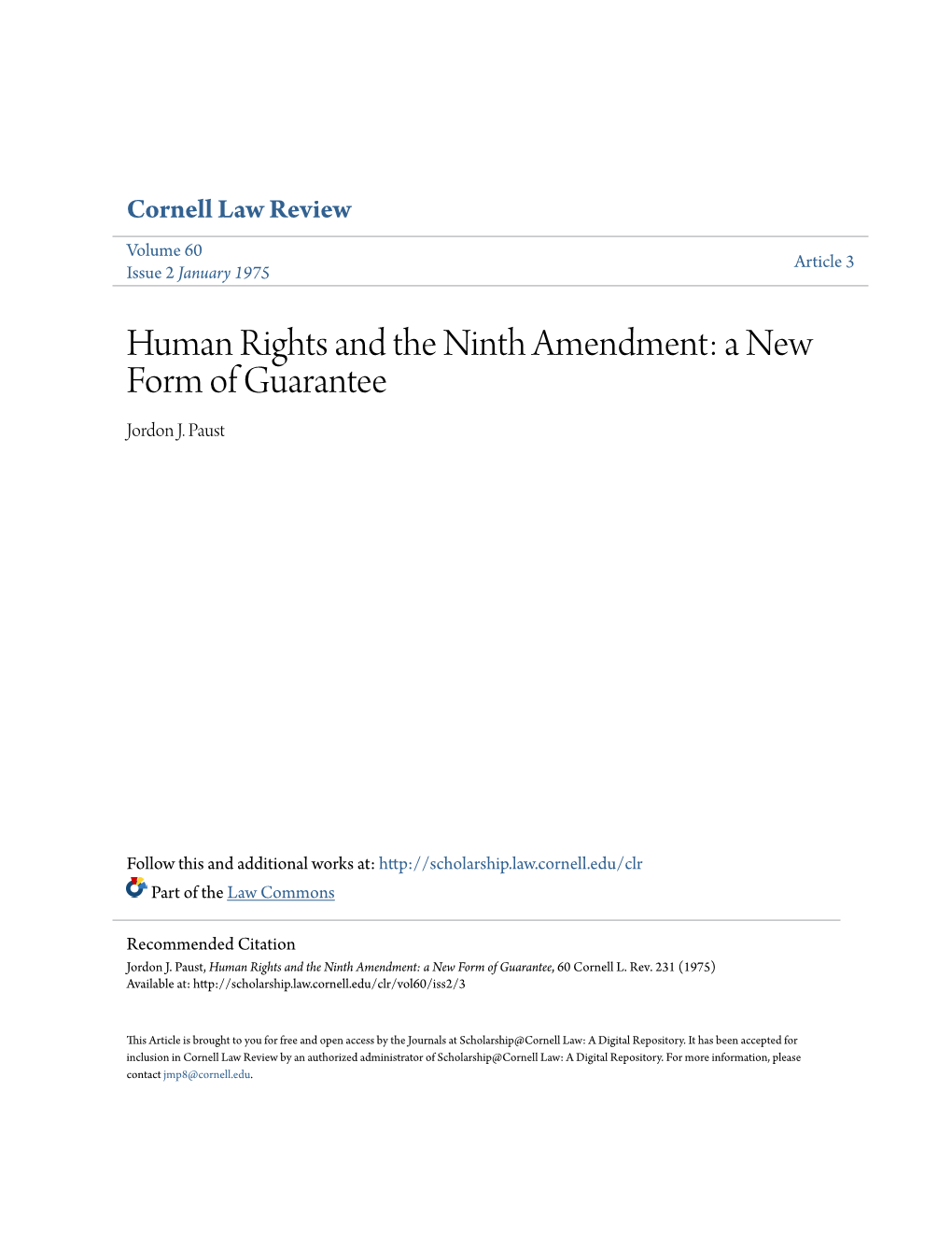 Human Rights and the Ninth Amendment: a New Form of Guarantee Jordon J