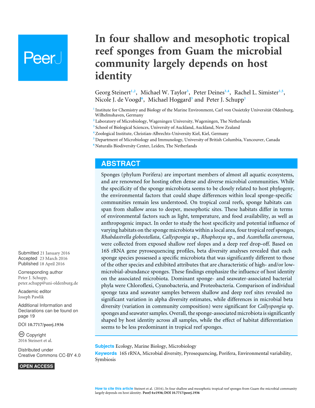 In Four Shallow and Mesophotic Tropical Reef Sponges from Guam the Microbial Community Largely Depends on Host Identity