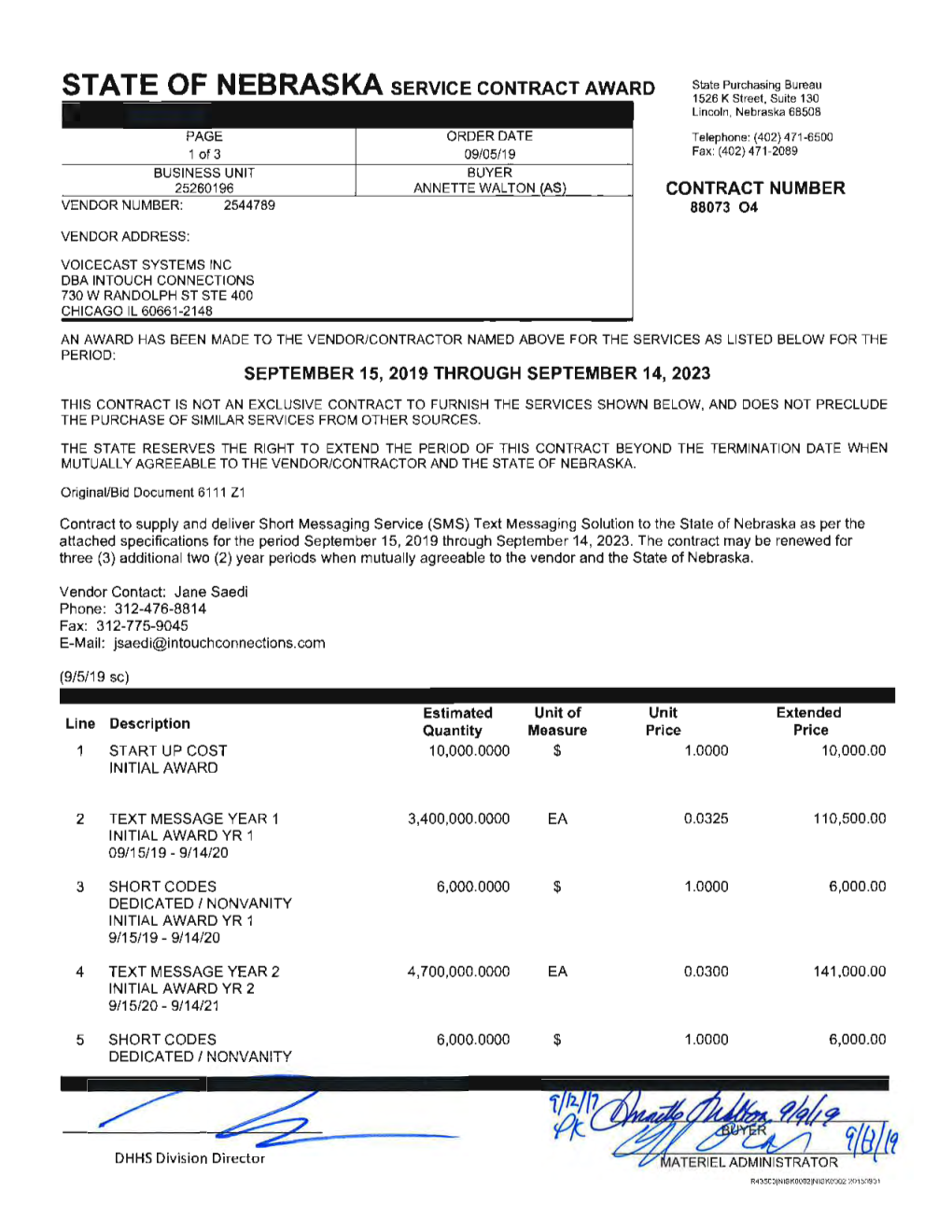 State of Nebraska Service Contract Award