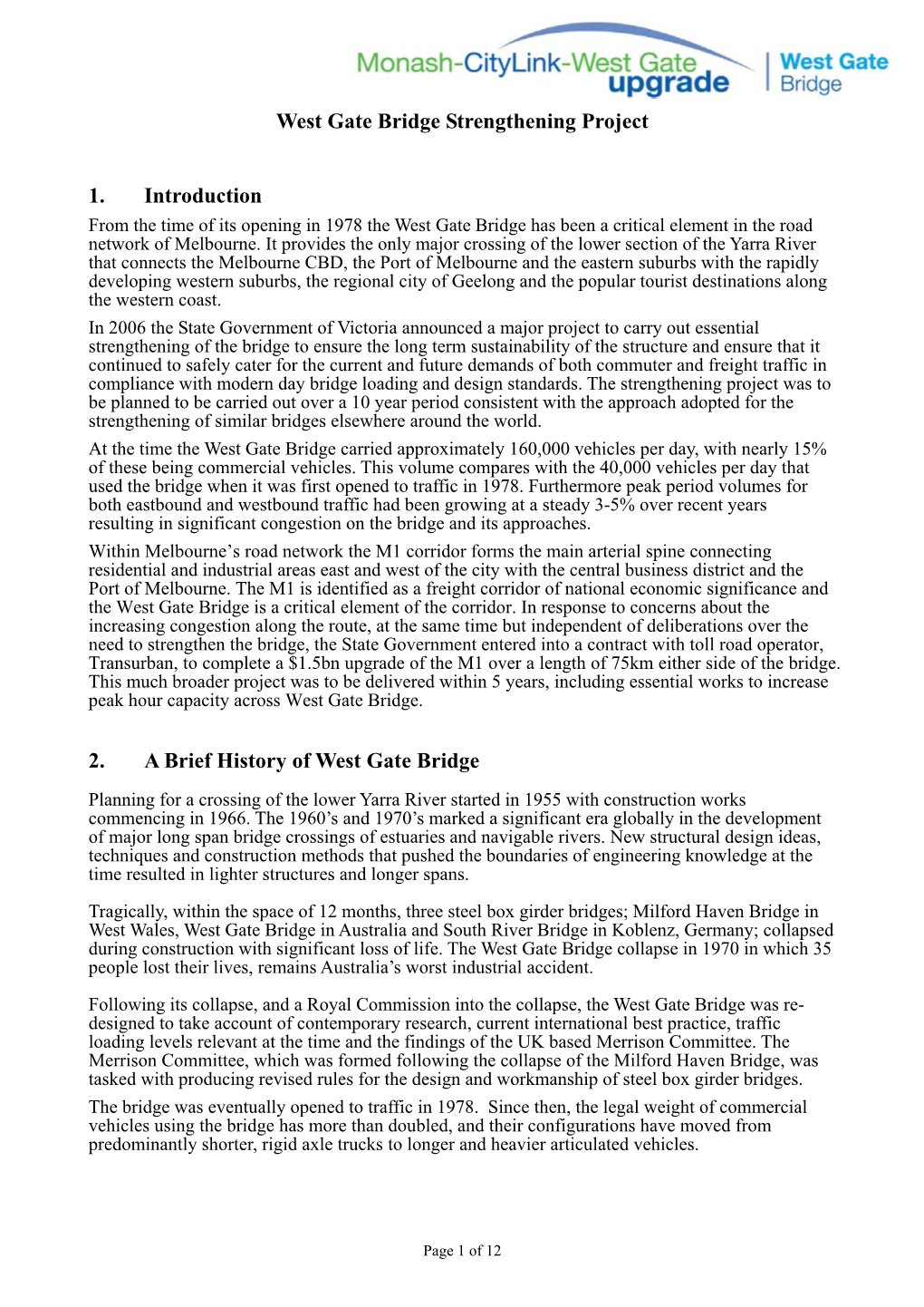 West Gate Bridge Strengthening Project 1. Introduction
