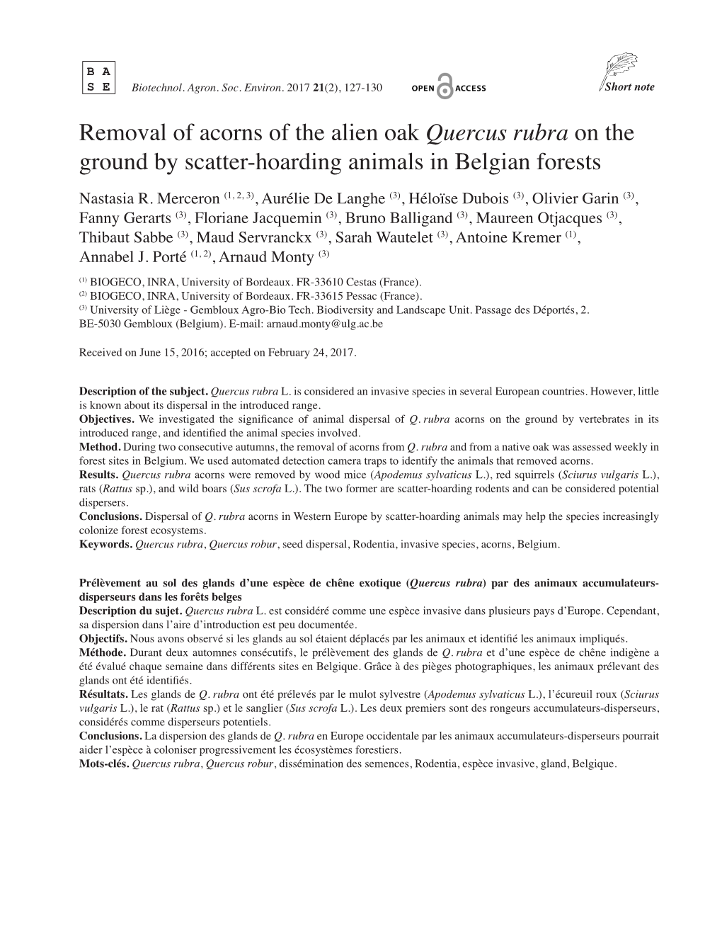 Removal of Acorns of the Alien Oak Quercus Rubra on the Ground by Scatter-Hoarding Animals in Belgian Forests Nastasia R