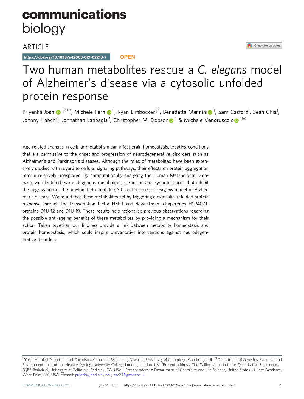 Two Human Metabolites Rescue a C. Elegans Model of Alzheimerâ€™S