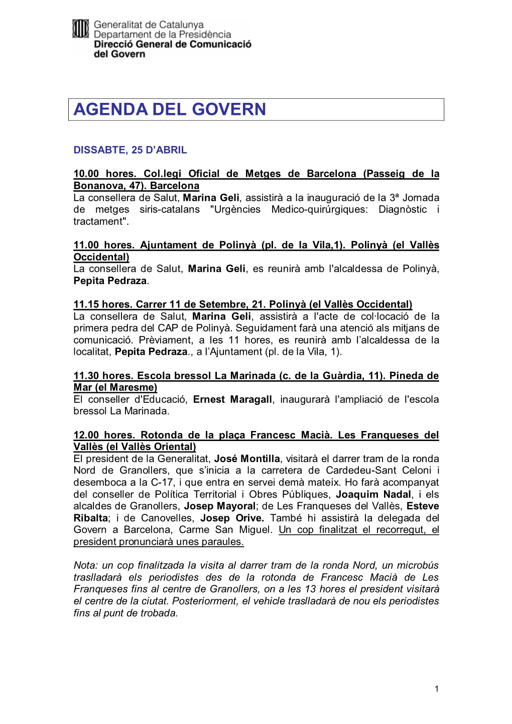 Agenda Del Govern