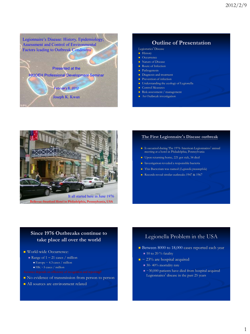 Outline of Presentation Legionella Problem in The