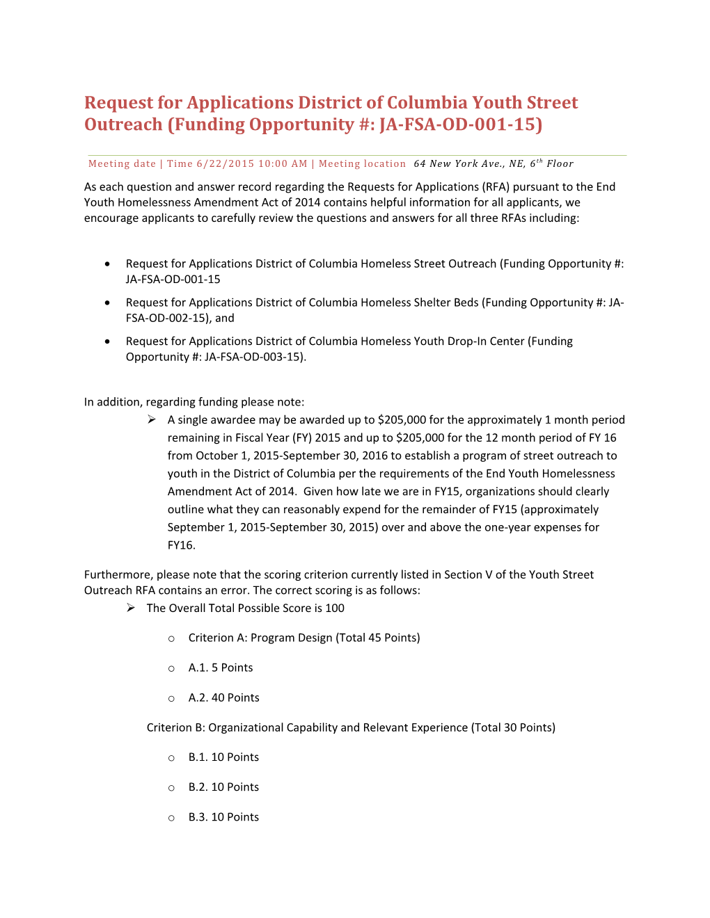 Request for Applications District of Columbia Youth Street Outreach (Funding Opportunity