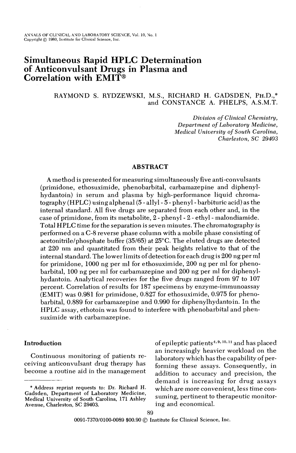 Simultaneous Rapid HPLC Determination of Anticonvulsant Drugs in Plasma and Correlation with EMIT®