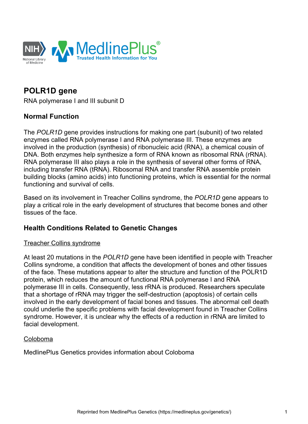 POLR1D Gene RNA Polymerase I and III Subunit D