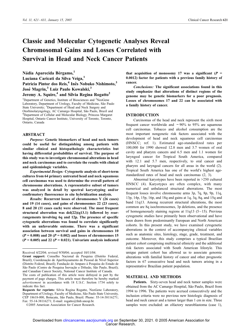 Classic and Molecular Cytogenetic Analyses Reveal Chromosomal Gains and Losses Correlated with Survival in Head and Neck Cancer Patients