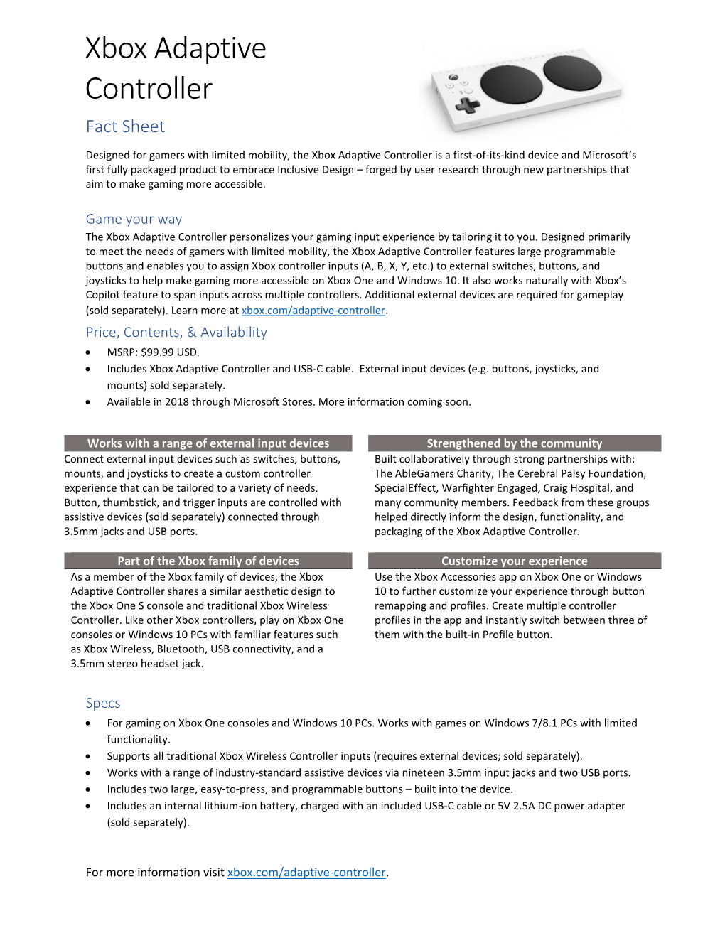 Xbox Adaptive Controller Fact Sheet