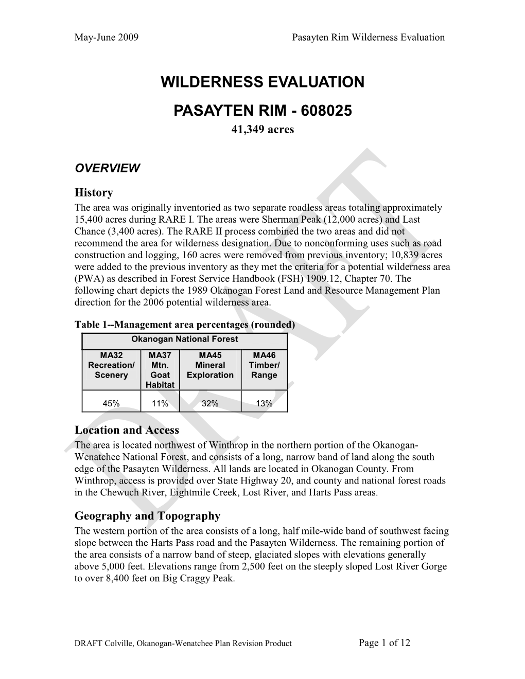 Pasayten Rim Wilderness Evaluation