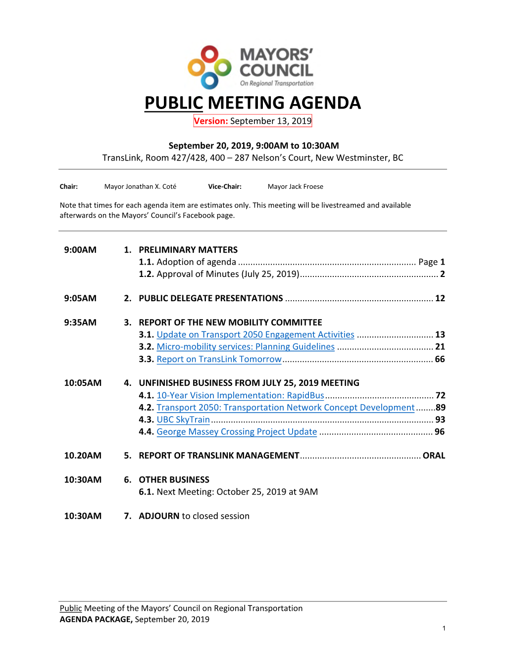PUBLIC MEETING AGENDA Version: September 13, 2019