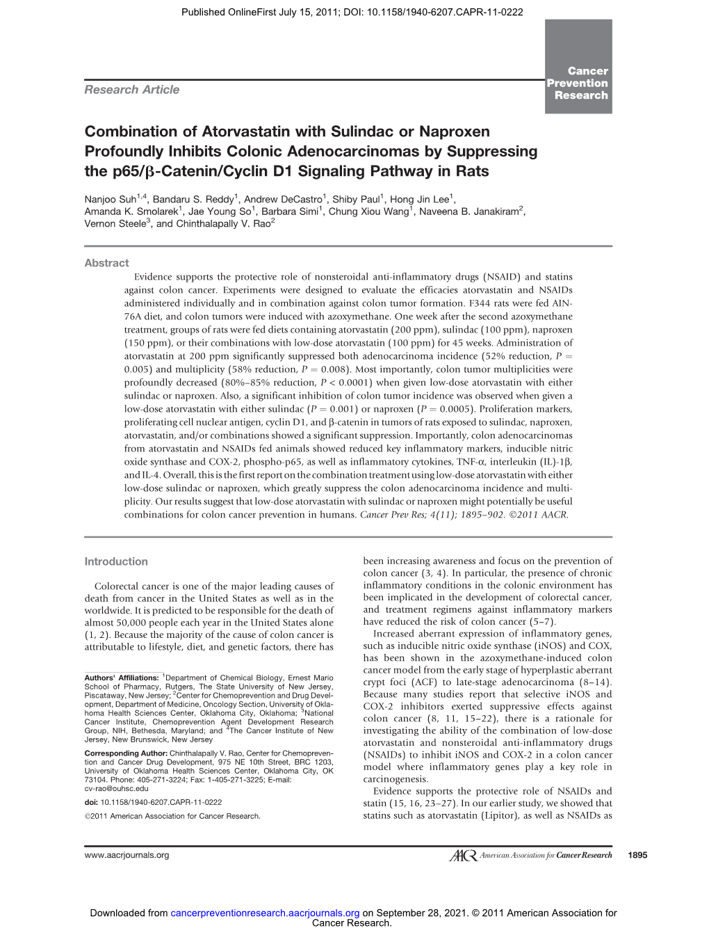 Combination of Atorvastatin with Sulindac Or Naproxen Profoundly Inhibits Colonic Adenocarcinomas by Suppressing the P65/B-Catenin/Cyclin D1 Signaling Pathway in Rats