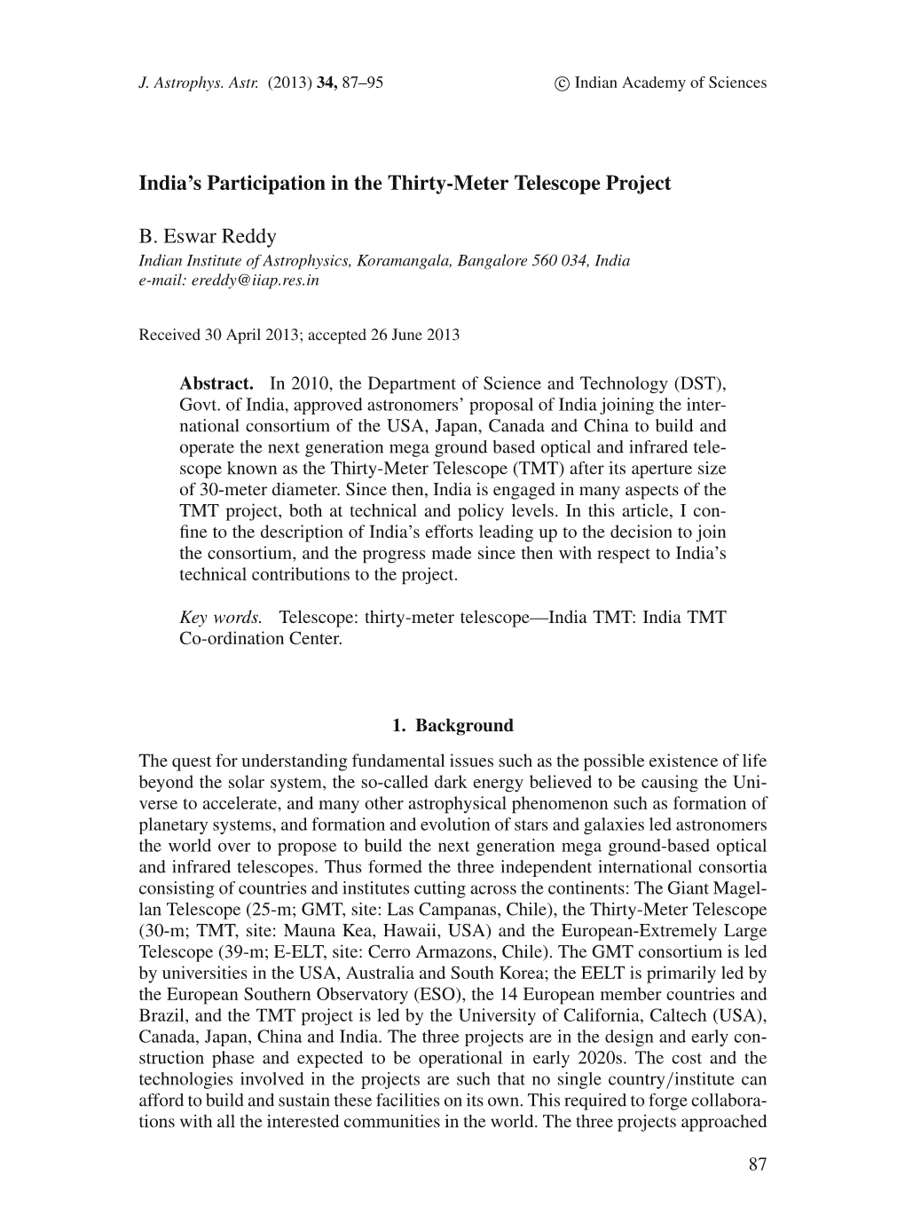 India's Participation in the Thirty-Meter Telescope Project B