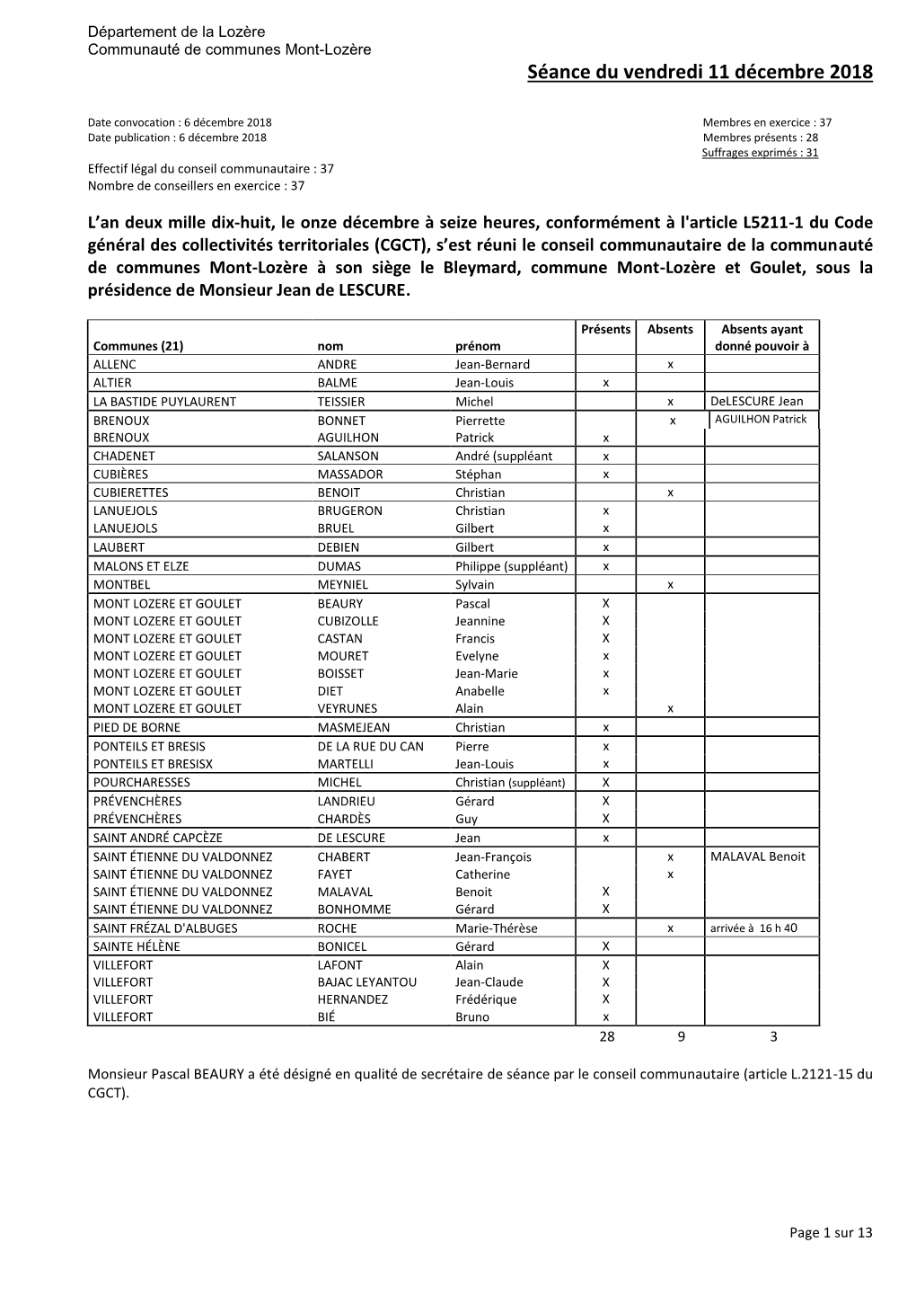 11 Décembre 2018 – Comte-Rendu