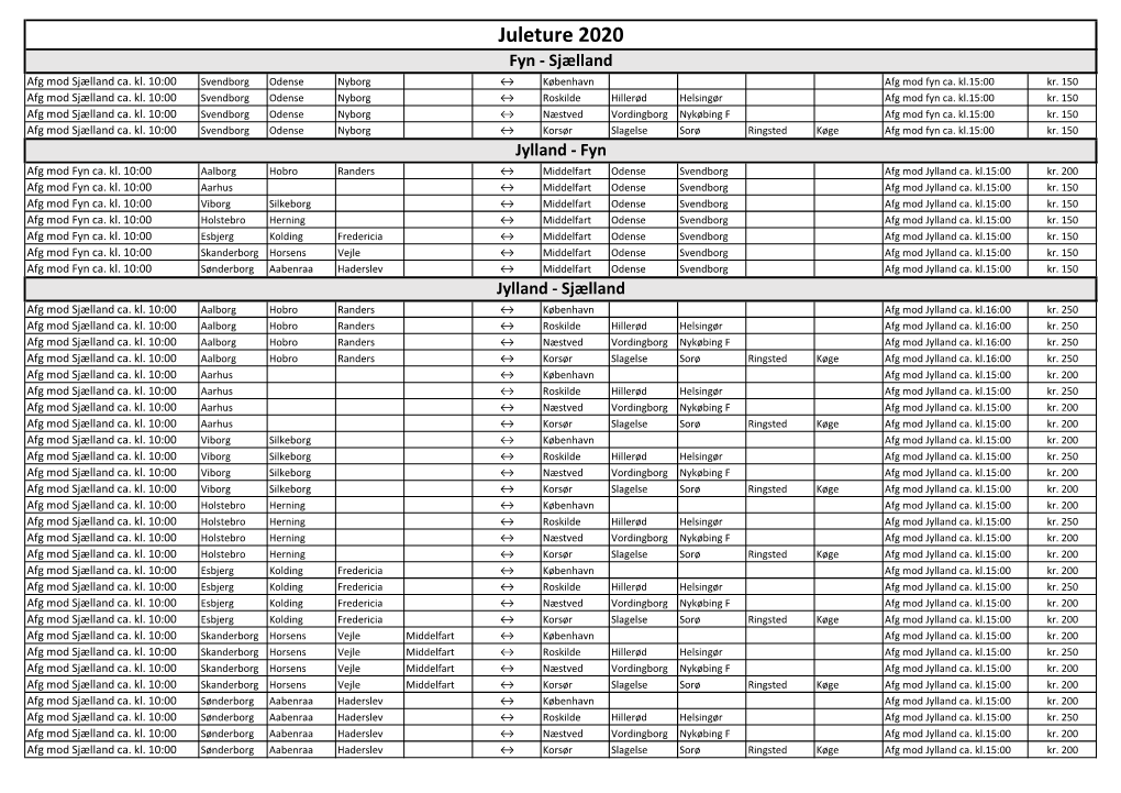 Juleture 2020 Fyn - Sjælland Afg Mod Sjælland Ca