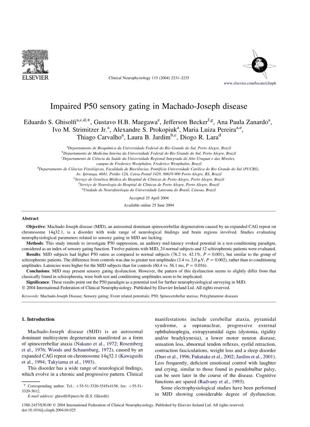 Impaired P50 Sensory Gating in Machado-Joseph Disease