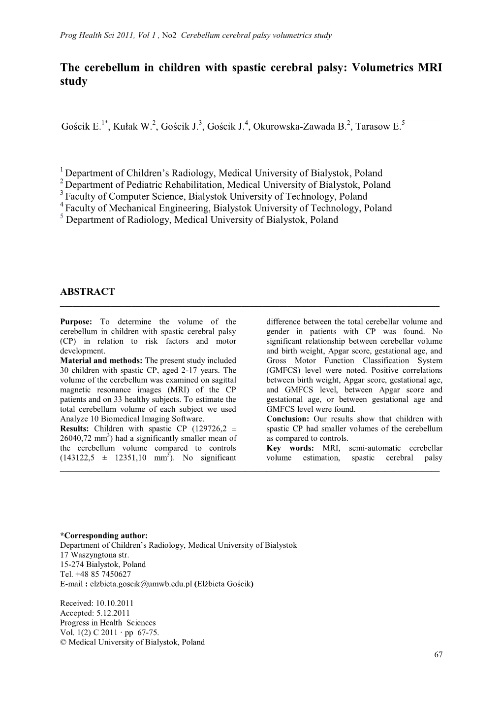 The Cerebellum in Children with Spastic Cerebral Palsy: Volumetrics MRI Study