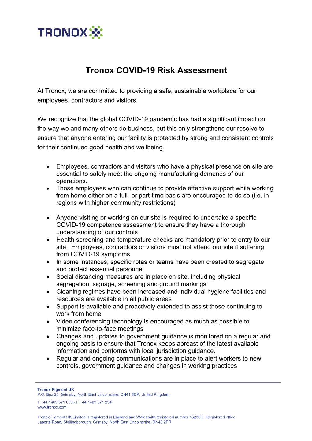 Tronox COVID-19 Risk Assessment