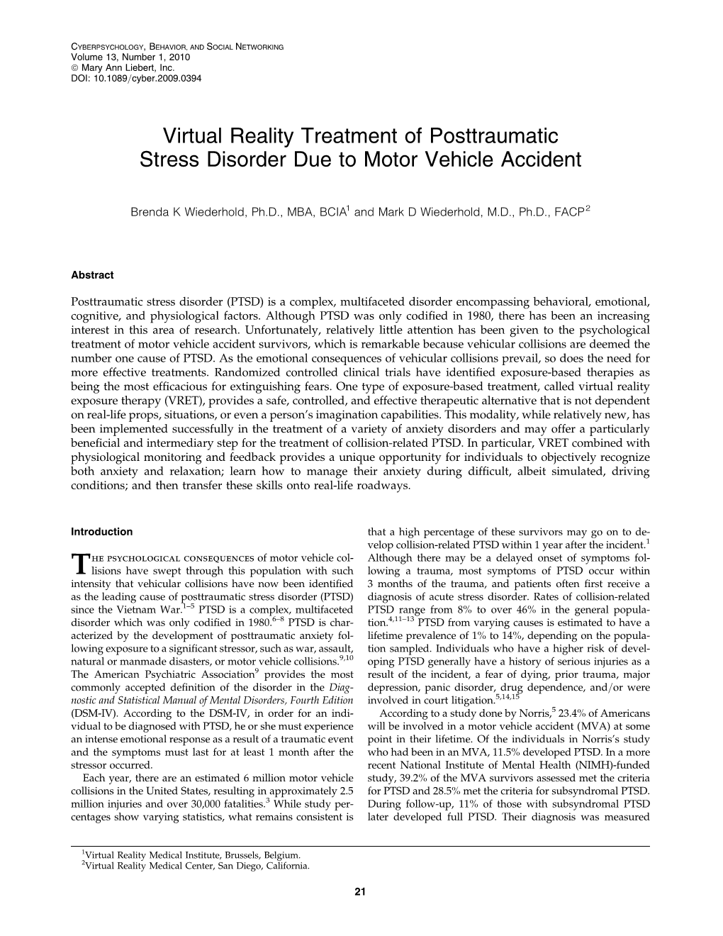 Number 1, 2010 Virtual Reality Treatment of Posttraumatic Stress