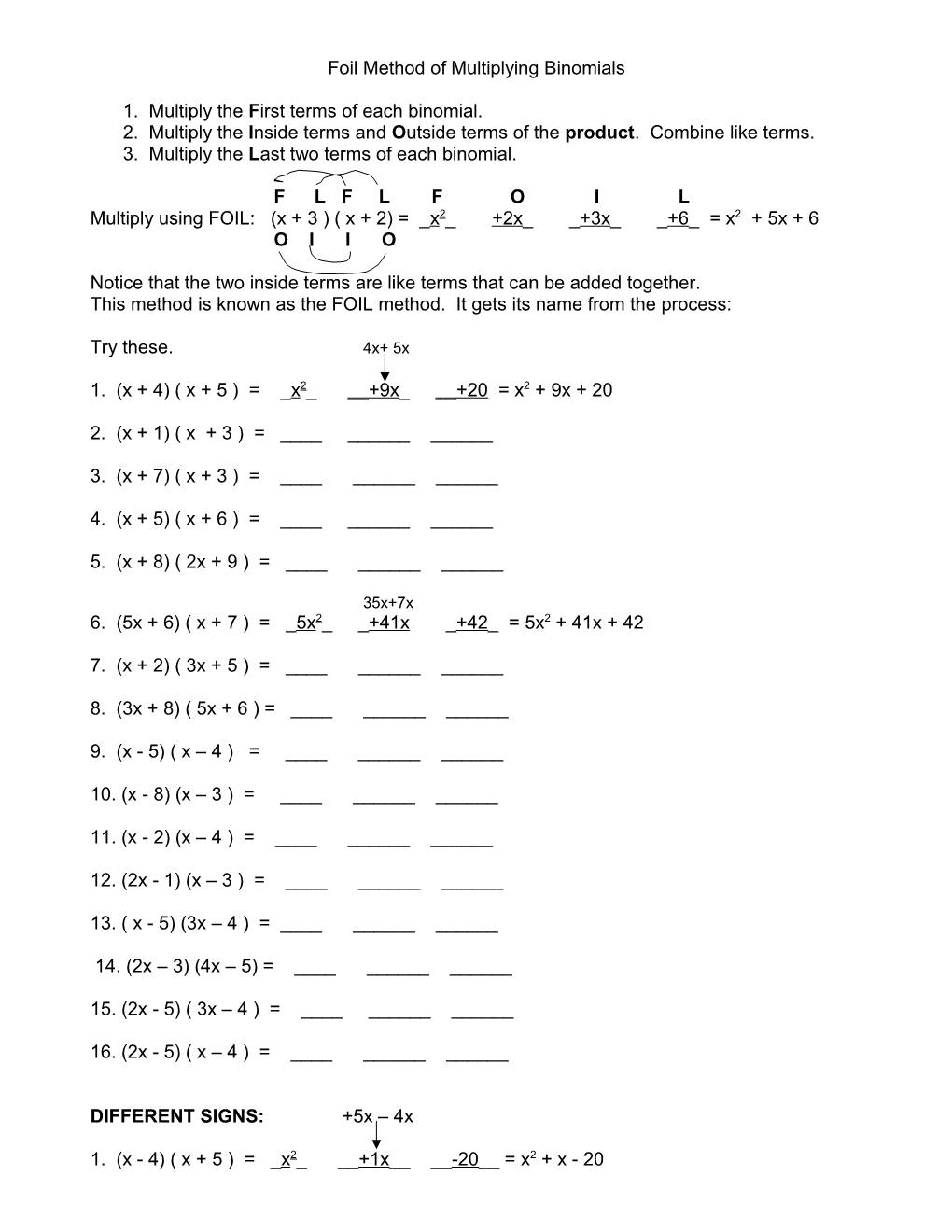 Foil Method of Multiplying Binomials