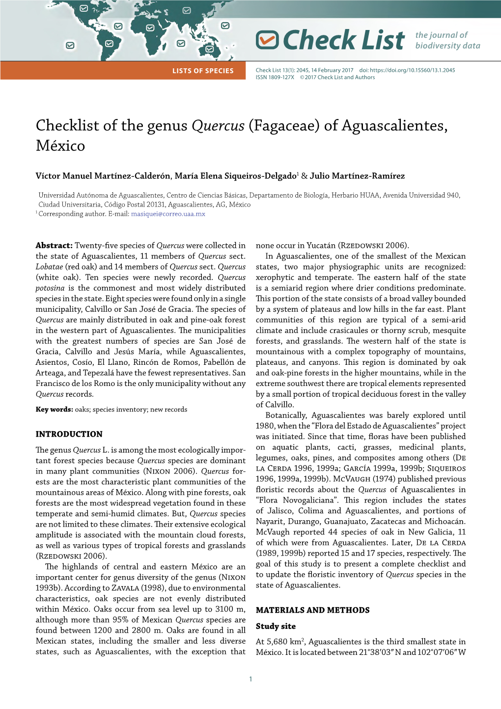 Checklist of the Genus Quercus (Fagaceae) of Aguascalientes, México