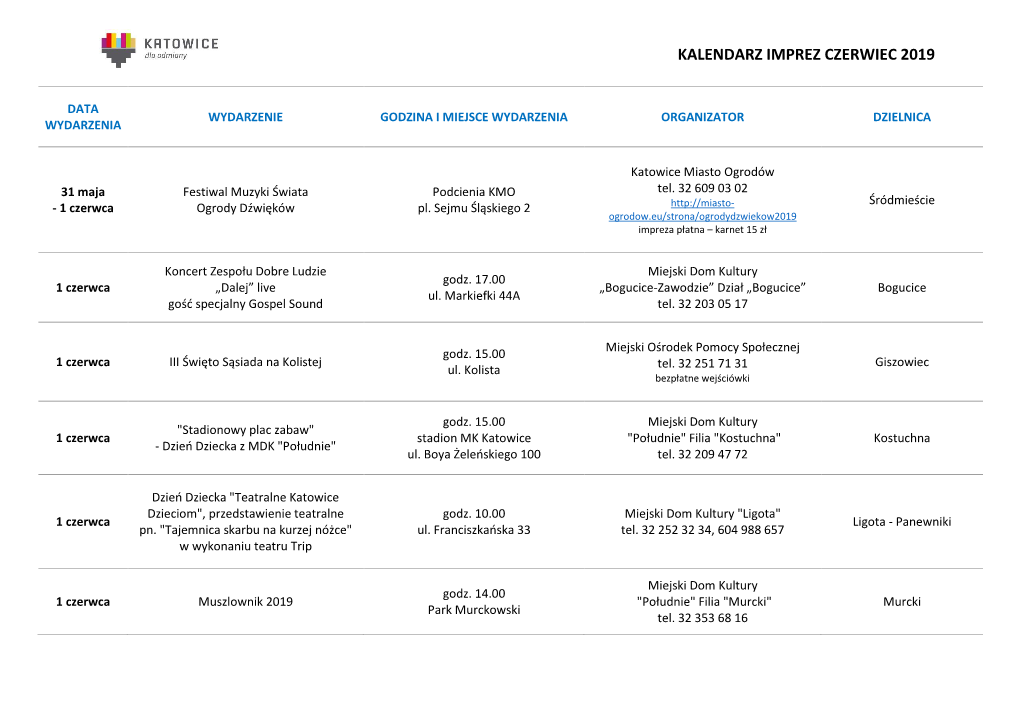 Kalendarz Imprez Czerwiec 2019