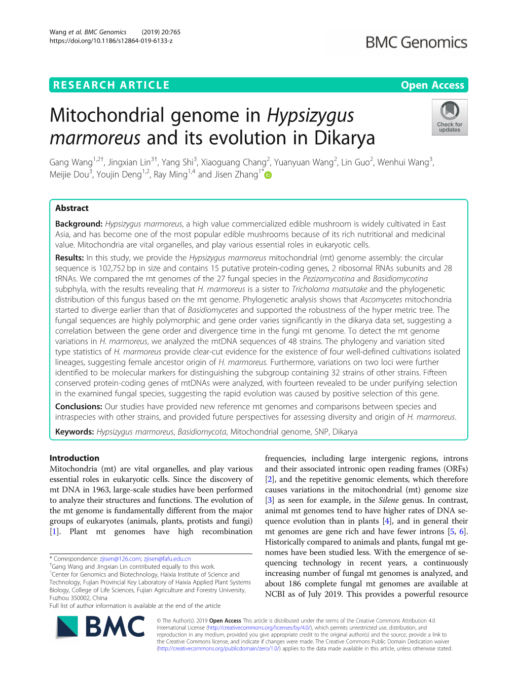 Mitochondrial Genome in Hypsizygus Marmoreus and Its Evolution In