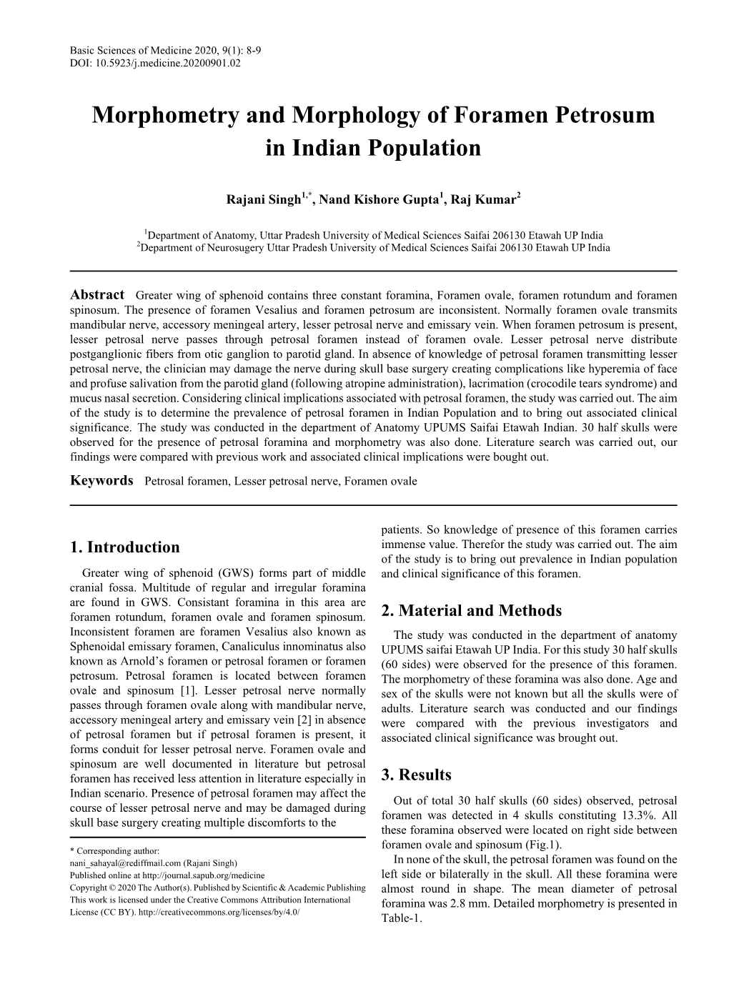 Morphometry and Morphology of Foramen Petrosum in Indian Population