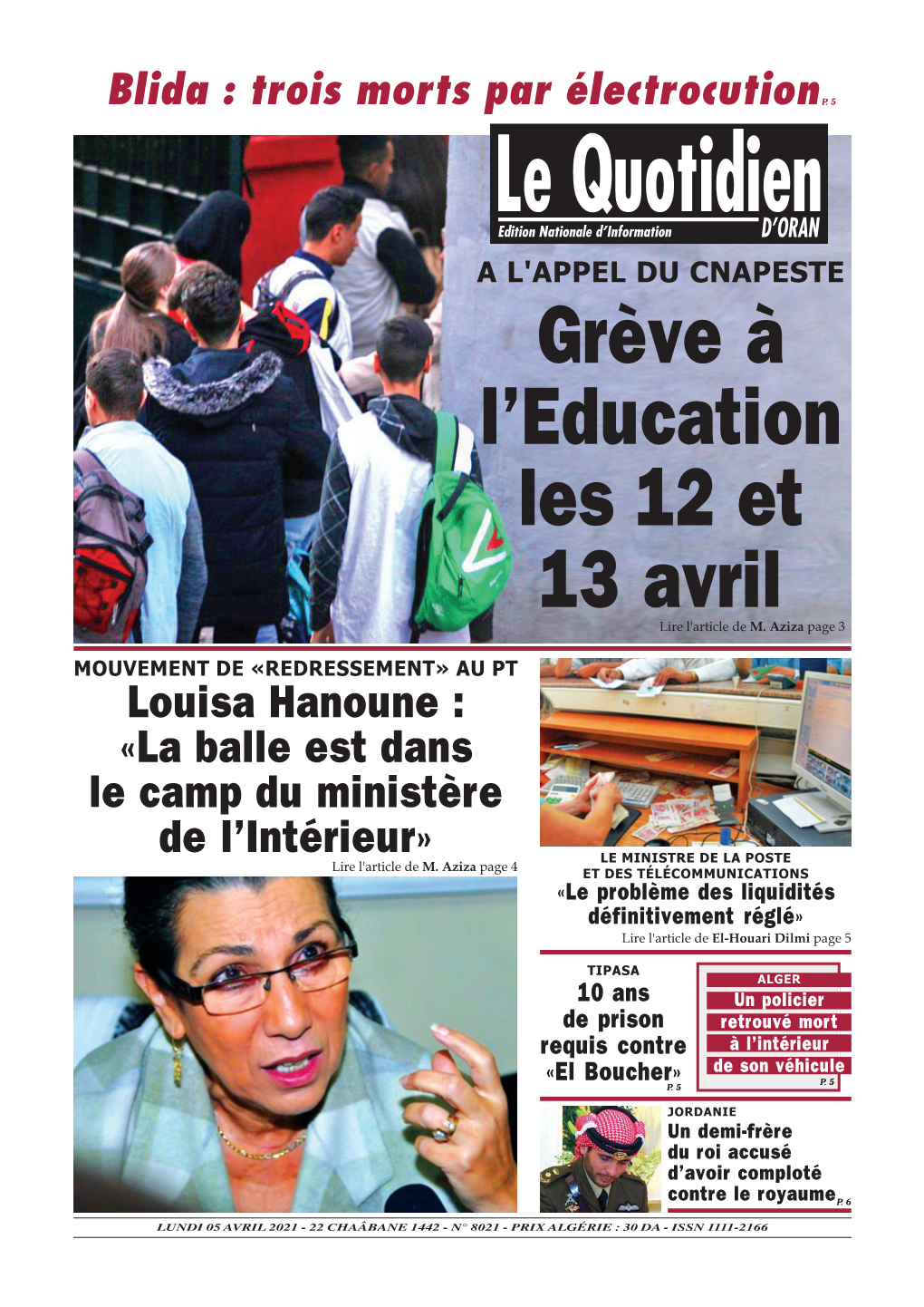Louisa Hanoune : «La Balle Est Dans Le Camp Du Ministère De L'intérieur» LE MINISTRE DE LA POSTE M