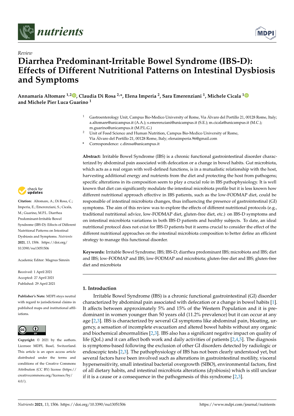 Diarrhea Predominant-Irritable Bowel Syndrome (IBS-D): Effects of Different Nutritional Patterns on Intestinal Dysbiosis and Symptoms