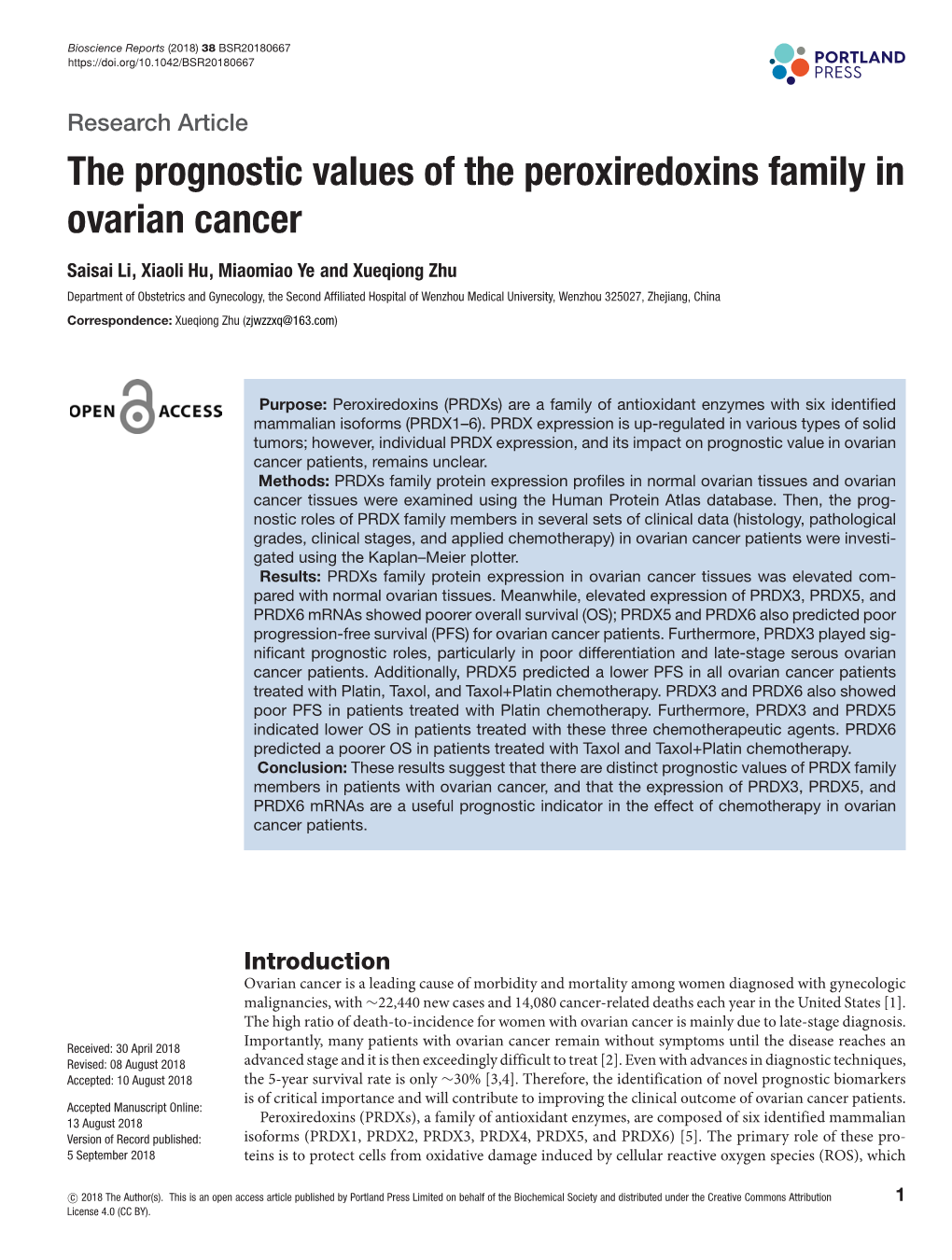 The Prognostic Values of the Peroxiredoxins Family in Ovarian Cancer