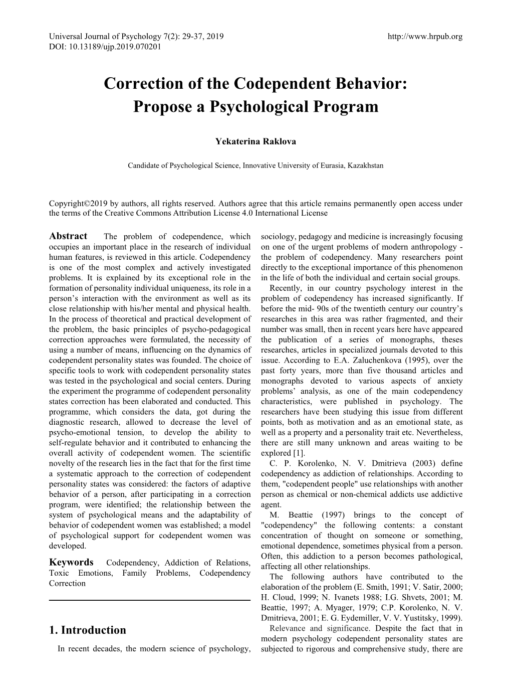 Correction of the Codependent Behavior: Propose a Psychological Program