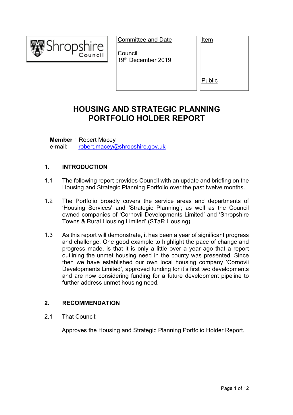 Housing and Strategic Planning Portfolio Holder Report