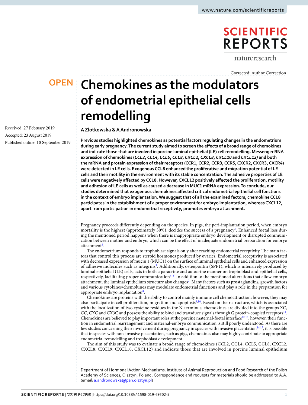 Chemokines As the Modulators of Endometrial Epithelial Cells