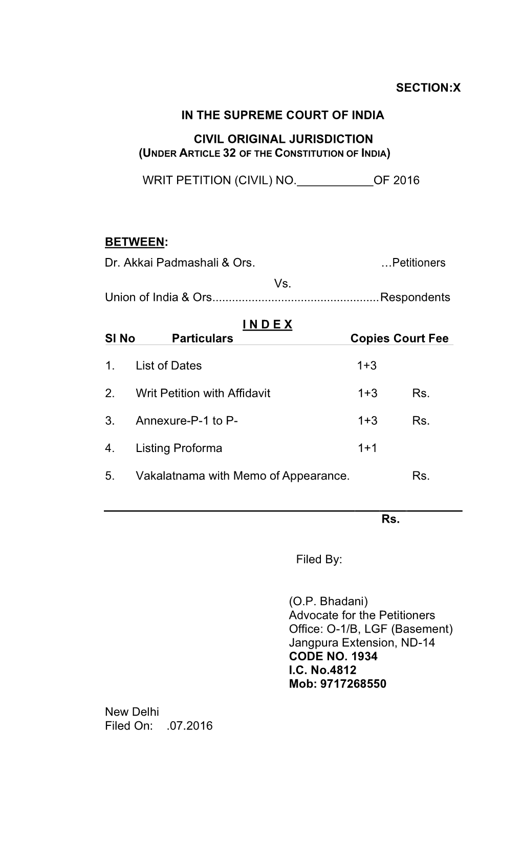 Section:X in the Supreme Court of India Civil Original