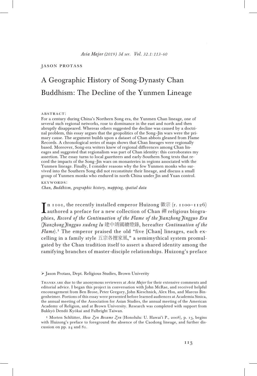 A Geographic History of Song-Dynasty Chan Buddhism: the Decline of the Yunmen Lineage