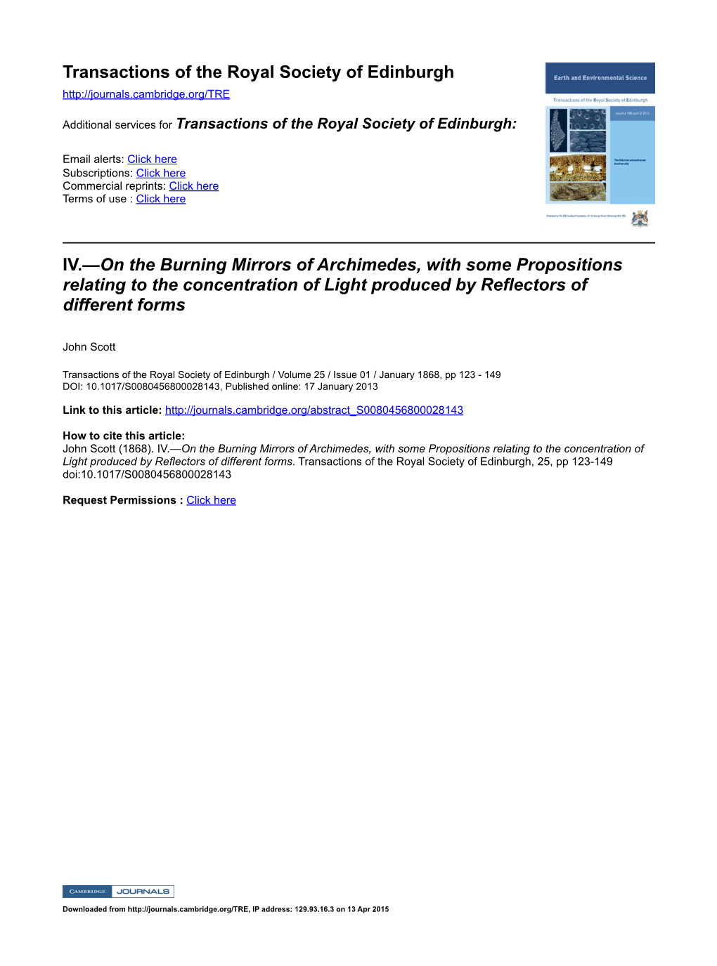 On the Burning Mirrors of Archimedes, with Some Propositions Relating to the Concentration of Light Produced by Reectors of Different Forms