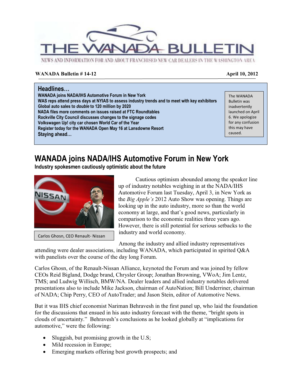 WANADA Joins NADA/IHS Automotive Forum in New York