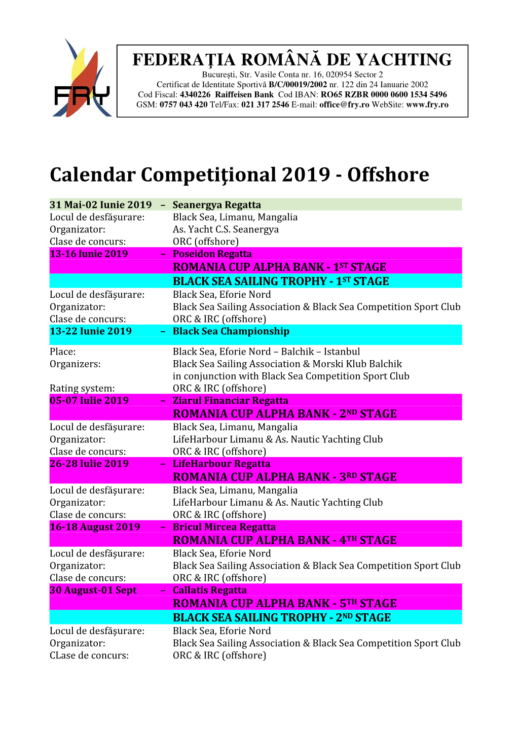 Calendar Competiţional 2019 - Offshore