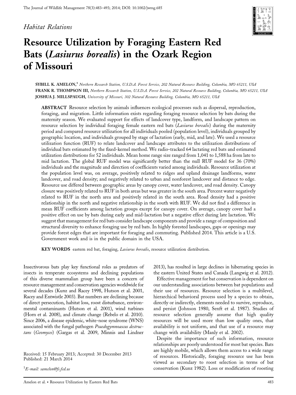 Resource Utilization by Foraging Eastern Red Bats (Lasiurus Borealis) in the Ozark Region of Missouri