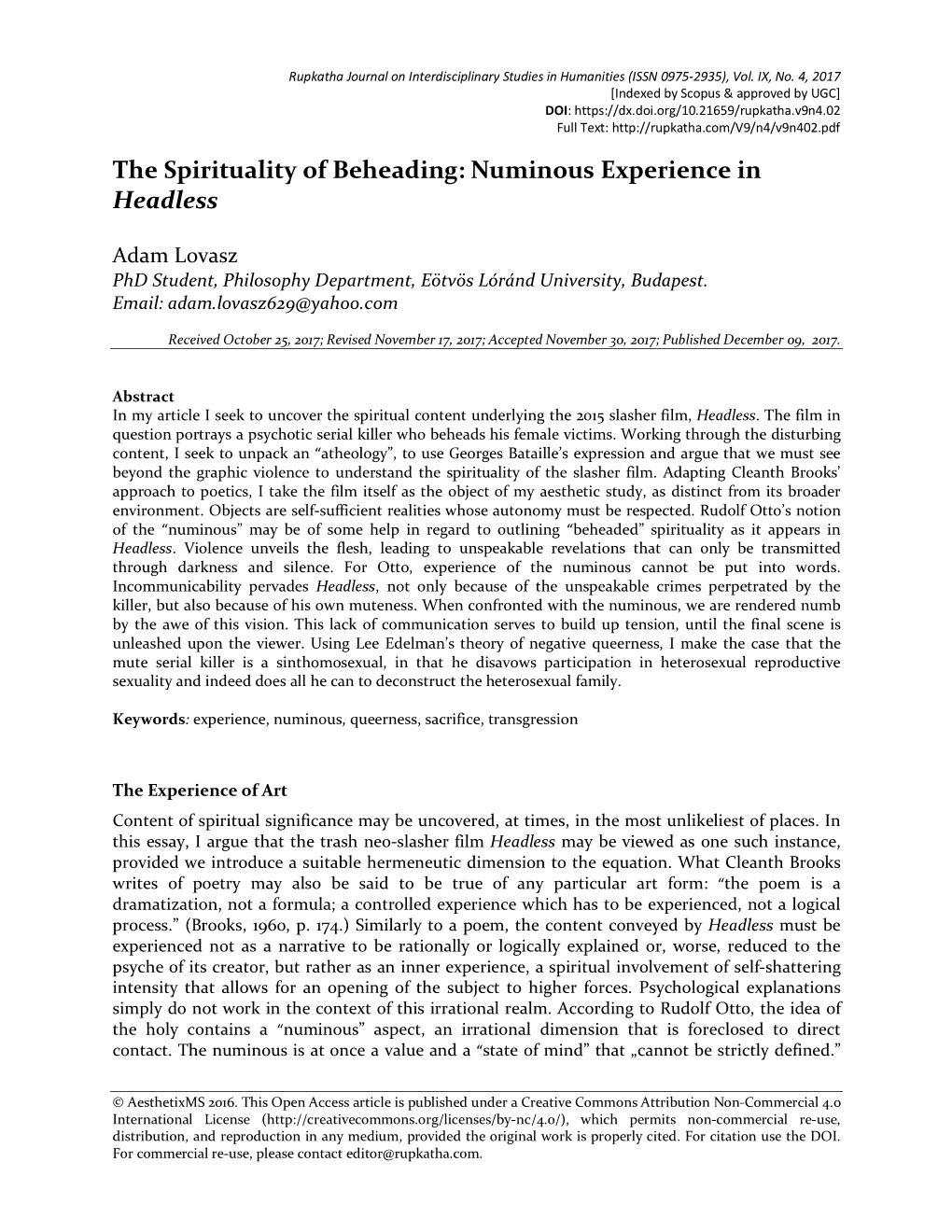 The Spirituality of Beheading: Numinous Experience in Headless